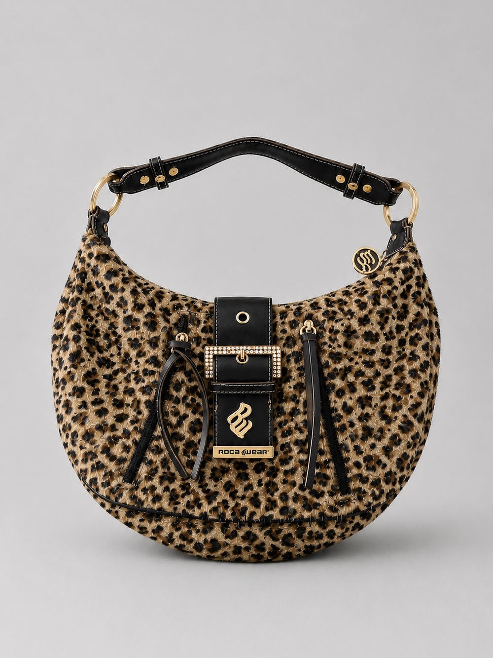 2006 Rocawear Leopard-Print Hobo with Black Trim and Gold Hardware Y2K